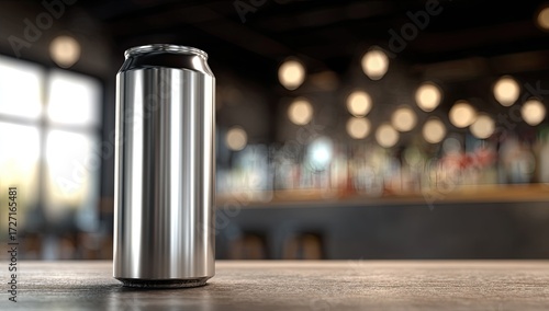 Sleek metallic can on wooden bar top, blurred bar interior background
