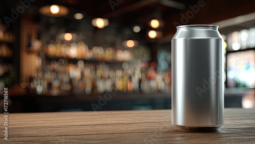 Metallic can on wooden bar top, blurred background