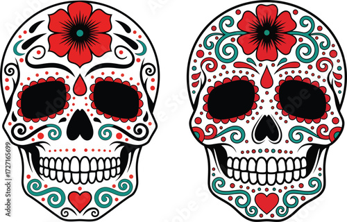 Intricate Mexican Sugar Skulls with Vibrant Floral and Heart Motifs Celebrating Dia de los Muertos Tradition