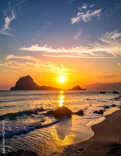 Sunrise over tranquil coastline