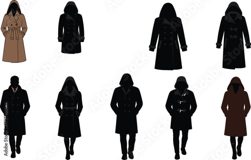Collection of trench coat and overcoat fashion illustration, hooded long coat designs, winter clothing silhouettes, stylish outerwear vector icons