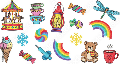 Vector art of collection of colorful cartoon objects including carousel, ice cream, teddy bear, and rainbow