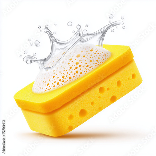 Yellow kitchen sponge with soap suds isolated on white background
