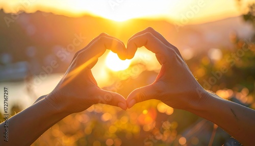 Capturing pure love and joy with hands forming a heart shape against a breathtaking golden sunset, radiating warmth and happiness.