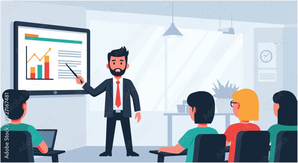 Fototapeta premium Business Presentation and Team: A confident presenter with a dynamic graph on a large screen in a modern office with team attentive during the presentation.