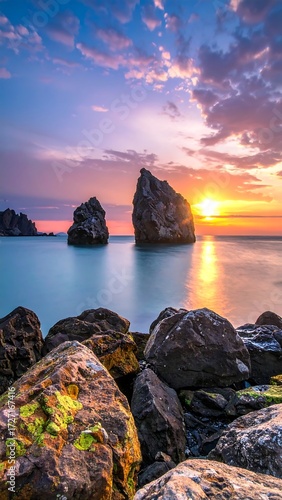 Sunrise over tranquil ocean rocks
