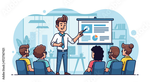 The Presentation: A Dynamic illustration captures a presenter enthusiastically delivering a captivating briefing to a diverse audience, focusing on teamwork, strategy, and shared goals.