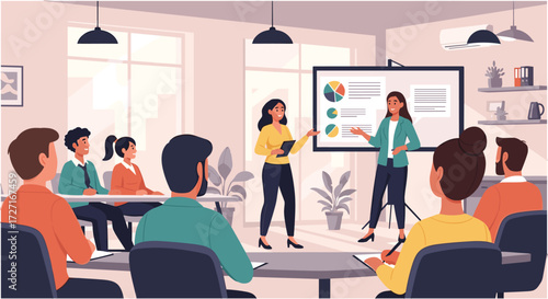 Business Seminar Presentation: A well-lit room features a business seminar. Two presenter presenting the report on a large screen, while other people listen carefully