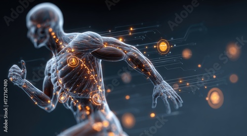 Running anatomical model, glowing skeletal structure, digital overlay