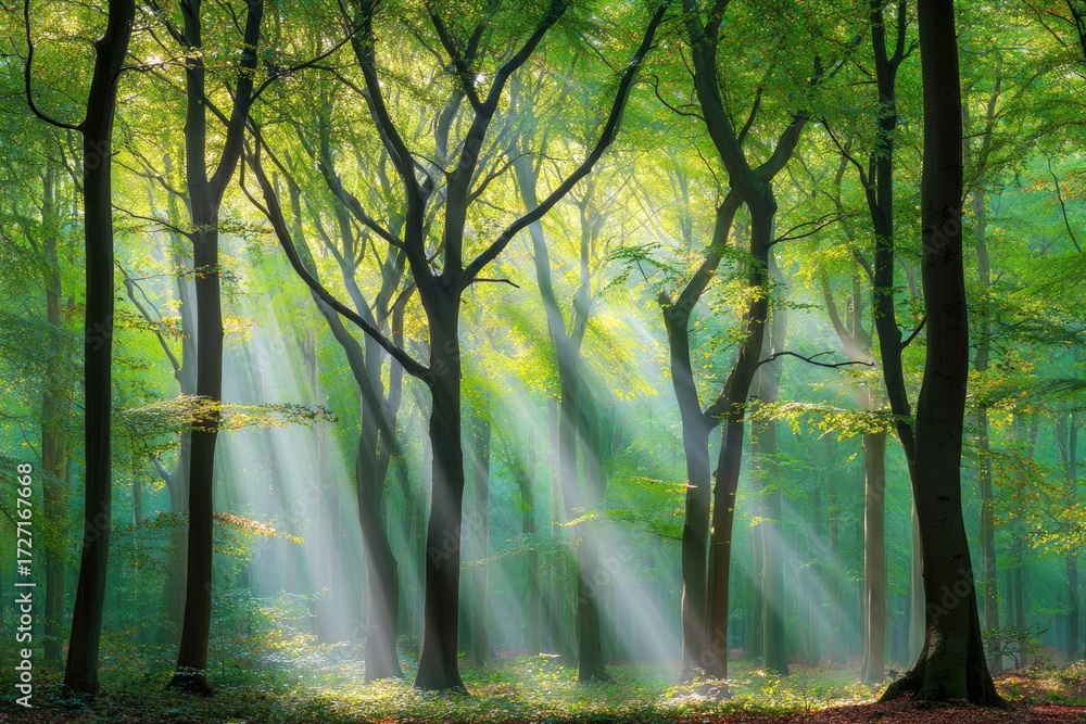 Obraz premium Sunlight streams through a dense forest