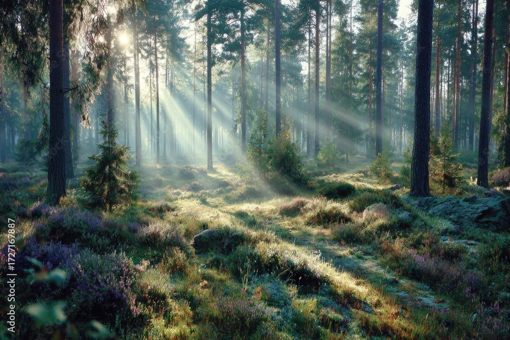 Fototapeta premium Sunlight streams through misty pine forest