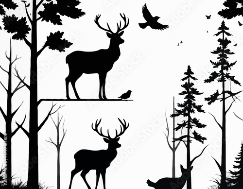 Black silhouette Vector forest and sum deer and bird white background