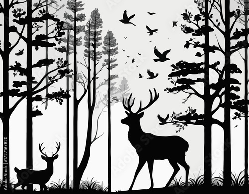 Black silhouette Vector forest and sum deer and bird white background