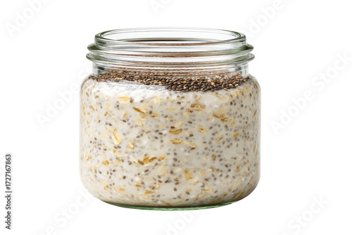 Overnight oats with chia seeds in a glass jar, isolated on transparent background
