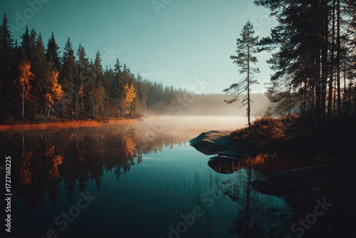 Misty autumn lake in a serene forest