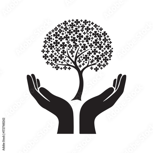 Hands Holding Tree Silhouette. Symbol of environmental protection, nature conservation, and sustainable growth. Black vector icon.
