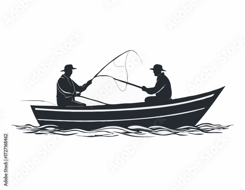 Fisherman in boat silhouette Vector illustration