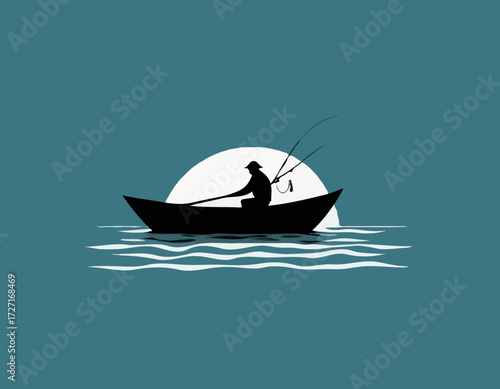 Fisherman in boat silhouette Vector illustration