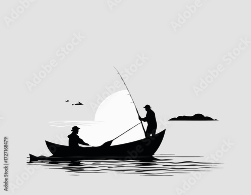 Fisherman in boat silhouette Vector illustration