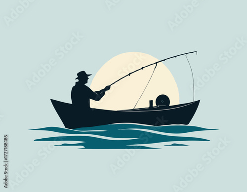 Fisherman in boat silhouette Vector illustration