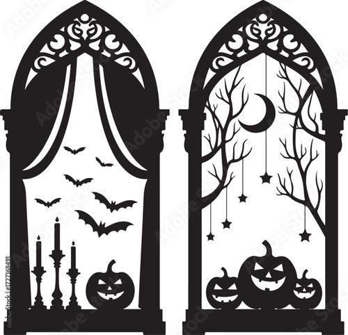 Black Halloween gothic arches with pumpkins bats moon