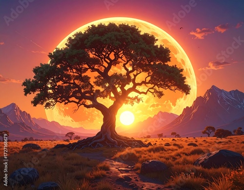 Sunrise, tree, and moon