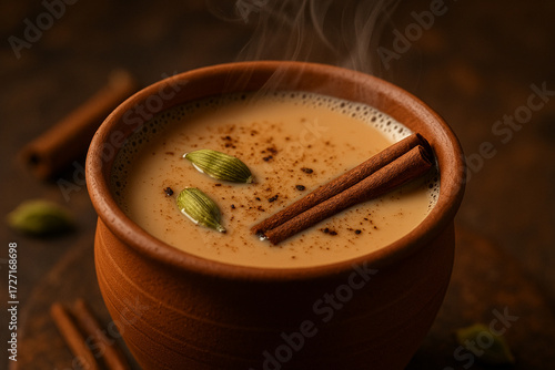 Indian masala chai in a clay cup, steam rising, spices like cinnamon and cardamom visible