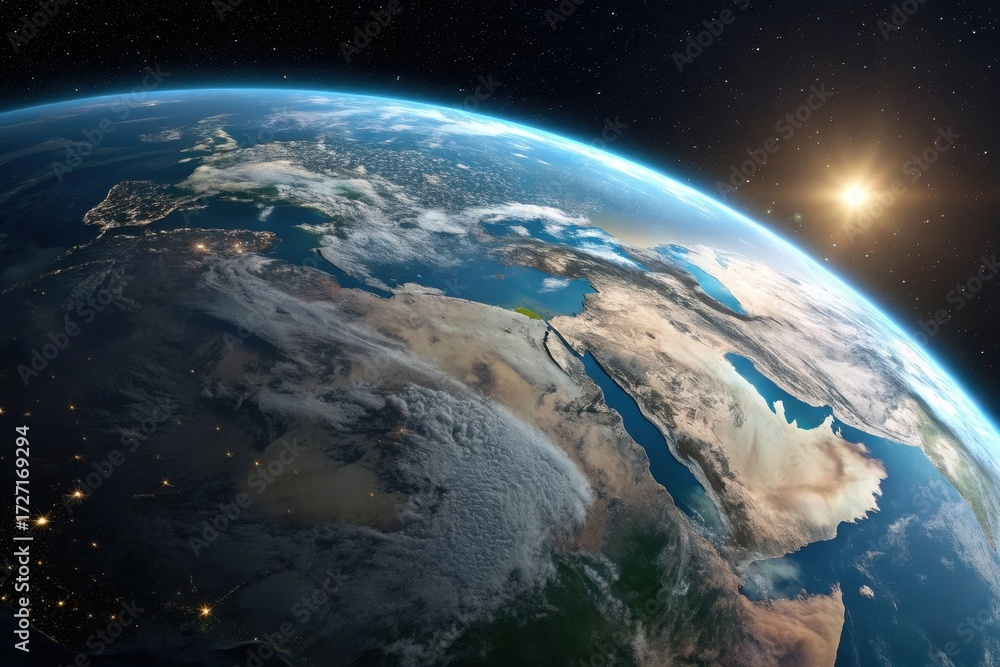 Obraz premium High-resolution Earth, thin glowing ozone layer around atmosphere,