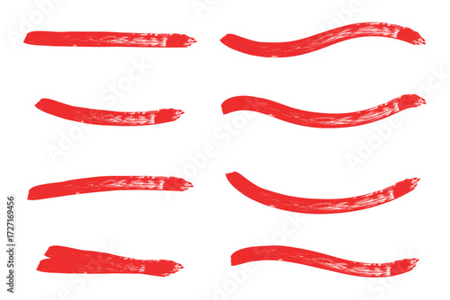 Red paint brush stroke lines and wave shapes collection. Hand drawn bold grunge borders with rough edges and textured ink effect. Artistic underline elements