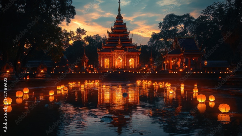 Fototapeta premium Beautiful traditional Asian temple illuminated at dusk with glowing lanterns reflecting on water creating serene and peaceful evening scene with lush trees in background