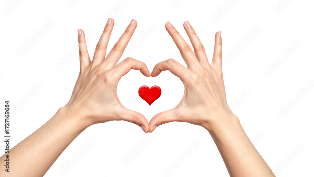 Obraz premium Woman's hands gently holding a red heart symbol of love, care, and romance 