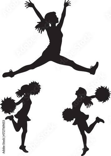 Black silhouette cheerleaders jumping and holding pom poms