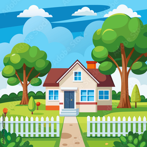 Charming cartoon suburban house with lush green trees and white picket fence