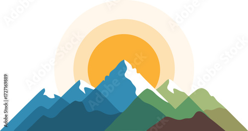 Illustration of a colorful mountain range with a bright sunrise in the background, symbolizing nature, adventure, and scenic beauty
