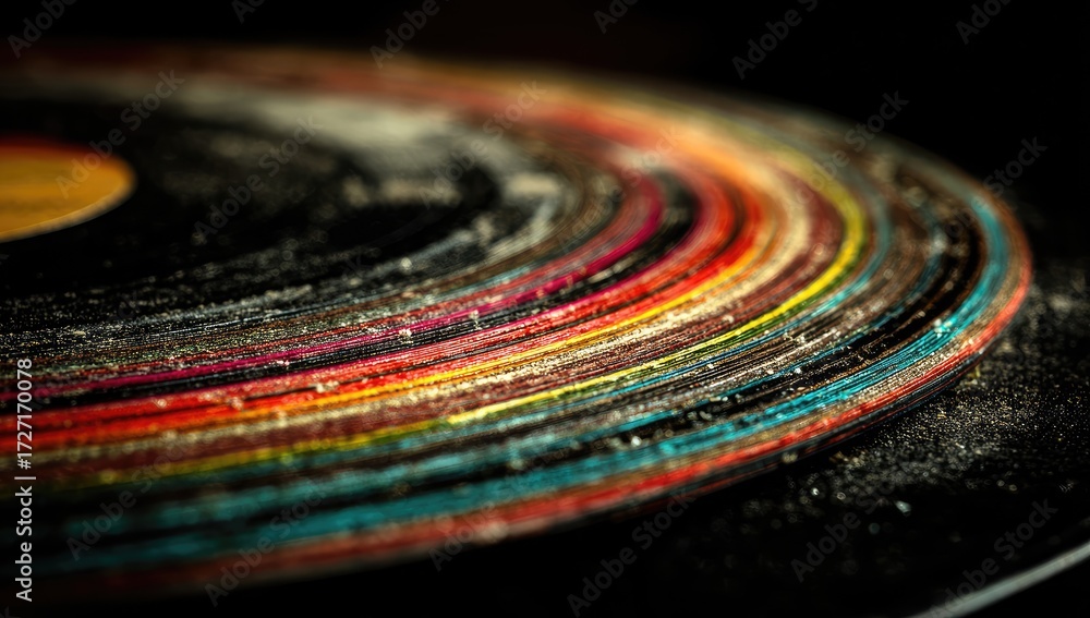 Obraz premium Close-up of stacked vinyl records, showing concentric circles of varying colors and dust