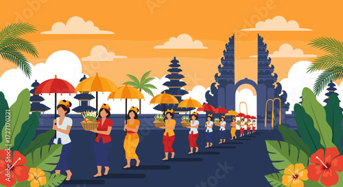 A vibrant illustration of a Balinese procession with women in traditional clothing carrying offerings to a Hindu temple.