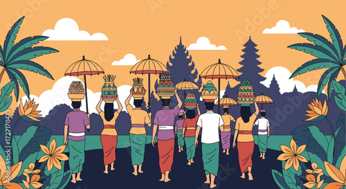 A vibrant illustration of a Balinese procession, showcasing people carrying offerings and umbrellas.