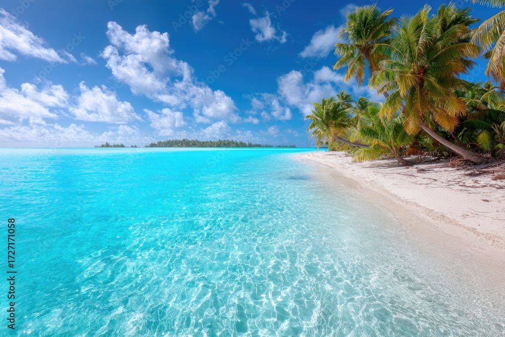 Naklejka premium Tranquil turquoise lagoon, white sand beach, palm trees