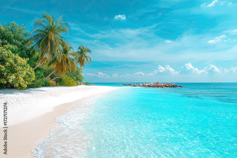 Naklejka premium Pristine beach paradise. Turquoise water laps a white sand shore fringed by lush palm trees under a vibrant blue sky