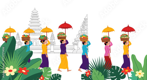 Balinese women in traditional attire carrying offerings and umbrellas in a religious procession with temples and tropical plants in the background.