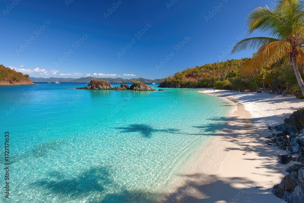 Fototapeta premium Tropical beach paradise. Crystal-clear turquoise water laps a white sand shore. Palm trees cast shadows