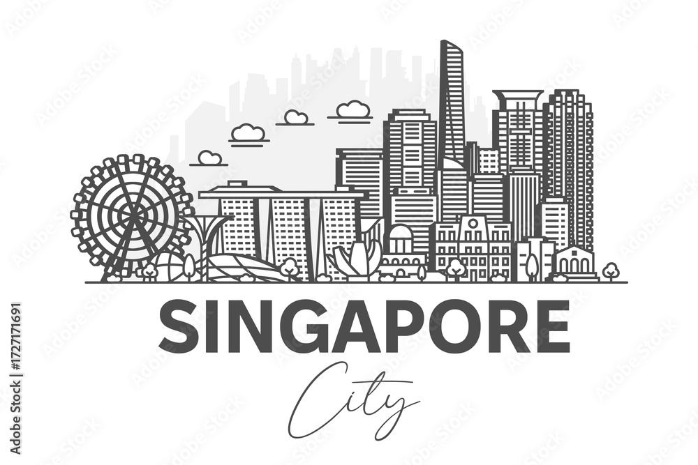 Fototapeta premium Singapore architecture line skyline illustration with shadows. Linear vector cityscape with famous landmarks, city sights, design icons.