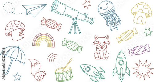 Vector art of collection of handdrawn doodles for kids including rocket, telescope, and animals