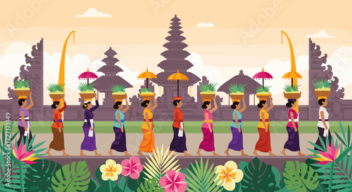 A procession of Balinese women carrying offerings, walking towards a traditional Balinese temple.