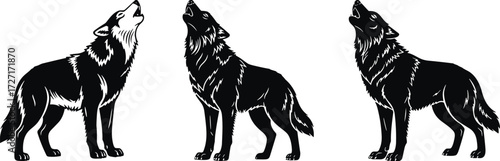Stylized silhouettes of three howling wolves in side profile showcasing realistic fur detail, dynamic posture, and wild animal behavior