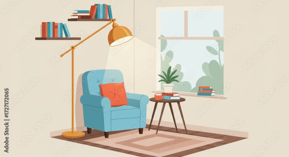 Fototapeta premium Cozy room interior with armchair, lamp, books and window view