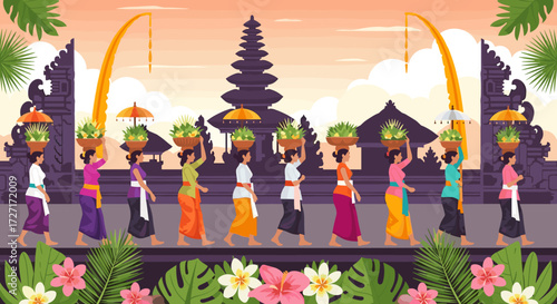 A vibrant illustration depicting a Balinese procession of women carrying offerings on their heads in front of a temple.