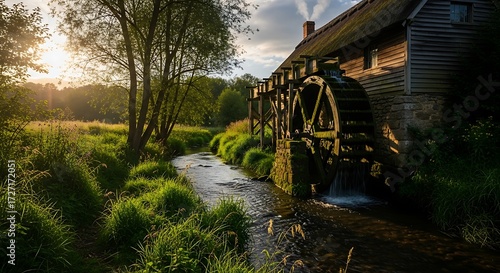 Mill By Stream at Sunset.