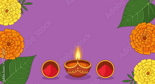 A festive purple background adorned with marigolds, leaves, and a lit diya lamp with two bowls of kumkum powder, symbolizing Diwali.