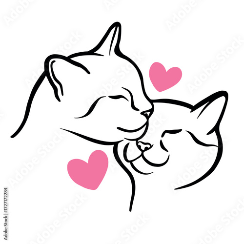 Minimalist line art of two cats cuddling with hearts, symbol of love, tenderness, affection, and pet friendship. Perfect for Valentine’s Day, romance, and animal themes